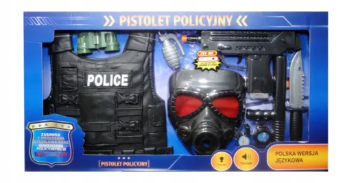ZESTAW POLICYJNY KAMIZELKA, MASKA, PISTOLET I INNE